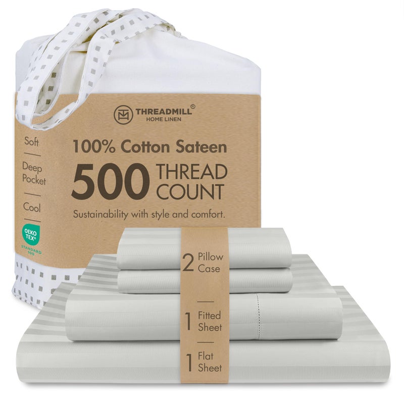 Threadmill 500 Thread Count Queen Size Damask Stripe, 4 Pc Luxury Cotton Bedding Set, Breathable Light Grey Sheets with 16" Elasticized Deep Pocket, 2 Pillowcases & Free Tote Bag - Image 1